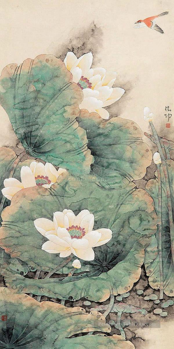 lotus et oiseau traditionnelle chinoise Peintures à l'huile